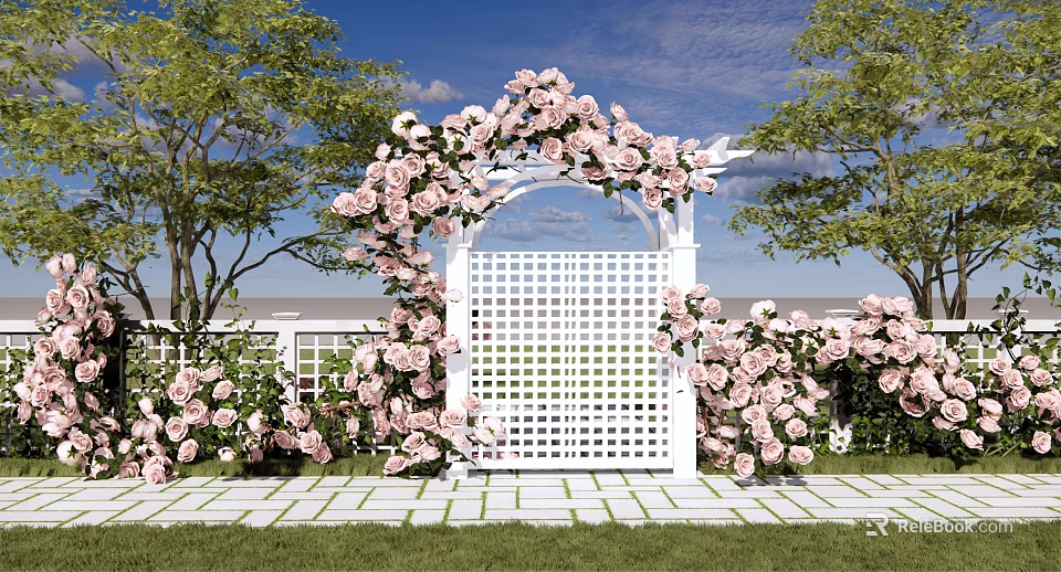 White Arch Entry Gate Decorated With Pink Roses Green Trees And Stone Pathway 3d model 