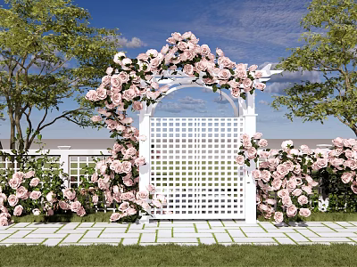 White Arch Entry Gate Decorated With Pink Roses Green Trees And Stone Pathway 3d model