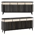 Modern TV Stand With Black Wood Grain And Metallic Accent Trim Design