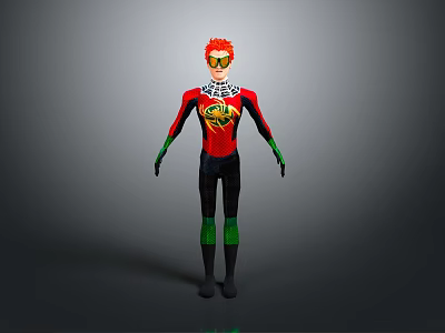 Red Haired Superhero 3D Character With Yellow Goggles Red Black Costume Green Accents 3d model