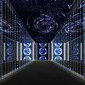 Elevator Hallway With Starry Ceiling Blue Lighting And Circular Decorations On Black Floor 3d model
