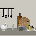 Modern Dinnerware Set with Hanging Spoons Chopping Boards White Bowl Stacked Plates and Condiment Bottles