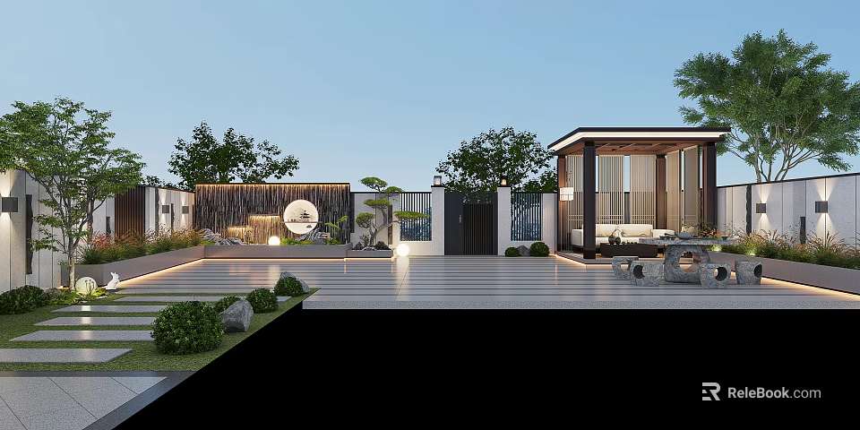 Modern Garden Landscape With Slate Flooring Green Plants Circular Decoration And Wooden Structure 3d model 
