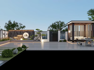 Modern Garden Landscape With Slate Flooring Green Plants Circular Decoration And Wooden Structure 3d model