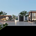 Modern Garden Landscape With Slate Flooring Green Plants Circular Decoration And Wooden Structure