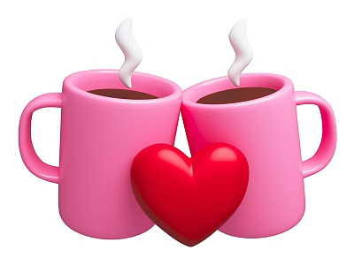 Two Pink Coffee Mugs With Rising Steam And Red Heart Decoration 3d model