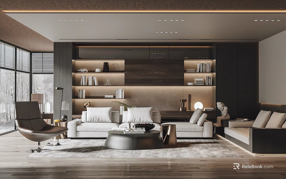 Modern Living Room Interior Design With White Sofa Round Coffee Table And Wooden Bookshelves 3d model 