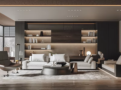 Modern Living Room Interior Design With White Sofa Round Coffee Table And Wooden Bookshelves 3d model