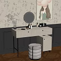 Stylish Dressing Table With Floral Wallpaper Round Mirror And Stool Decor 3d model