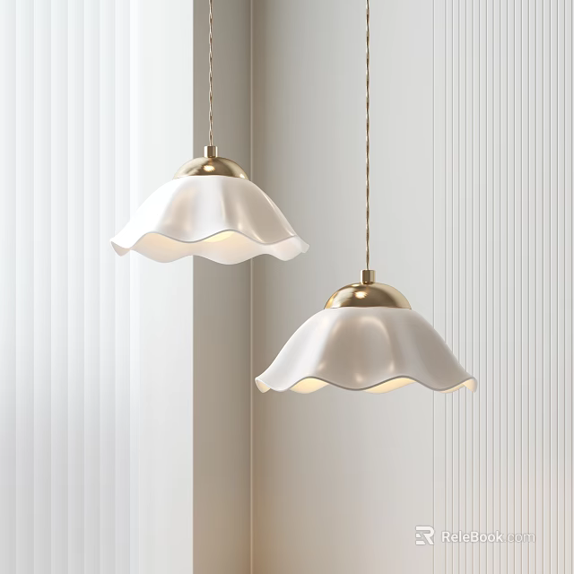 Two White Petal shaped Pendant Lights with Gold Bases in Minimalist Interior Setting 3d model 