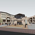 Modern Commercial Street With Classical Columns Large Windows And Pedestrians Walking