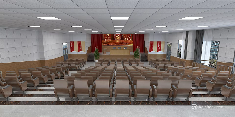 Spacious Conference Room Interior Setup With Rows of Chairs Front Platform Red Curtains Hanging Banners 3d model 