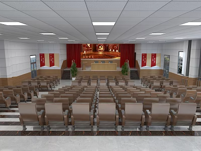 Spacious Conference Room Interior Setup With Rows of Chairs Front Platform Red Curtains Hanging Banners 3d model