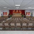 Spacious Conference Room Interior Setup With Rows of Chairs Front Platform Red Curtains Hanging Banners
