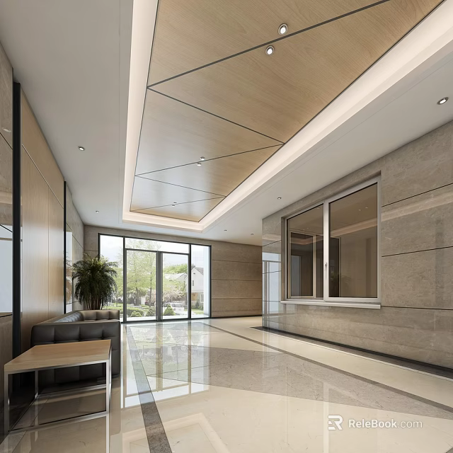 Bright Spacious Modern Store Front Desk With Wooden Ceiling Glass Windows Marble Floor And Sofa 3d model 