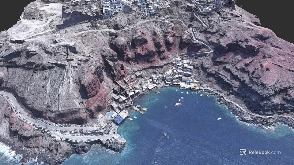 European style Architecture Village On Red Cliff With Blue Seaside And Boats 3d model 