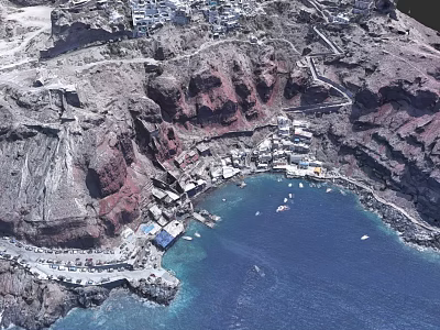 European style Architecture Village On Red Cliff With Blue Seaside And Boats 3d model