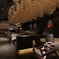 Modern Restaurant Interior Design With Unique Pendant Lights Wooden Tables Red Chairs And Decorative Walls