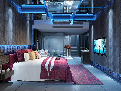 Hotel Room Modern Interior With King Bed Flat Screen TV Decorative Carpet And Ceiling Lights 3d model