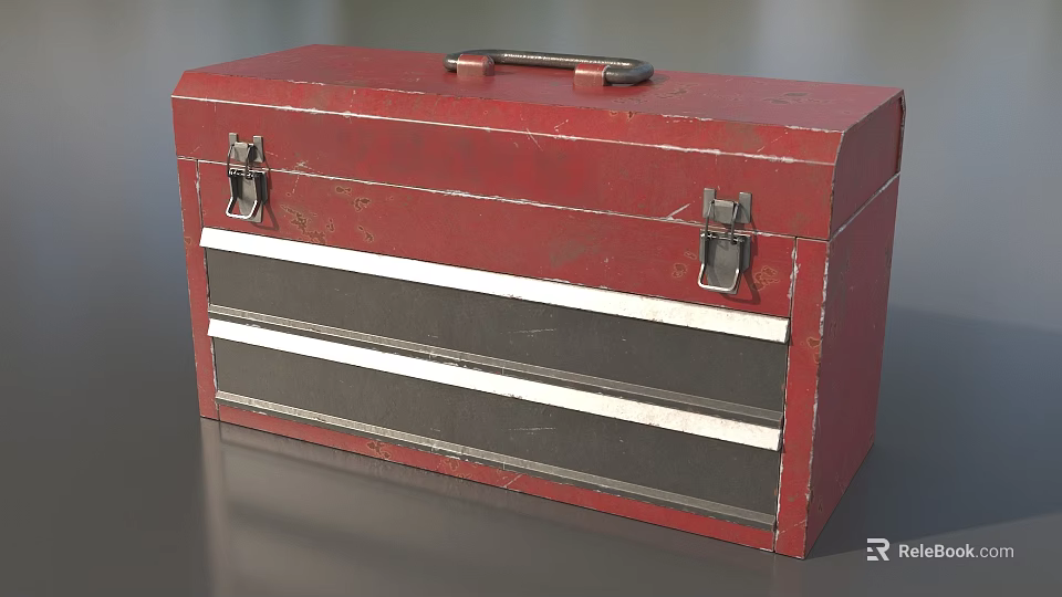 Red Toolbox For Hardware Tools With Metal Latches Handle And White Stripes 3d model 