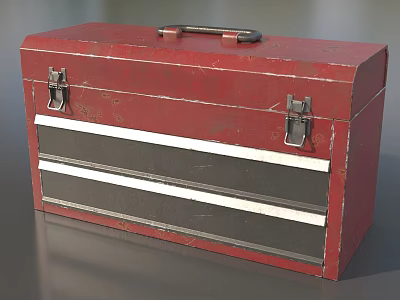 Red Toolbox For Hardware Tools With Metal Latches Handle And White Stripes 3d model