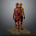 Two Superheroes in Red and Yellow Costumes with Lightning Logo Standing on Brick Platform