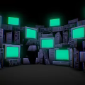 Stacked Old Computers With Green Screen Monitors In Dark Background