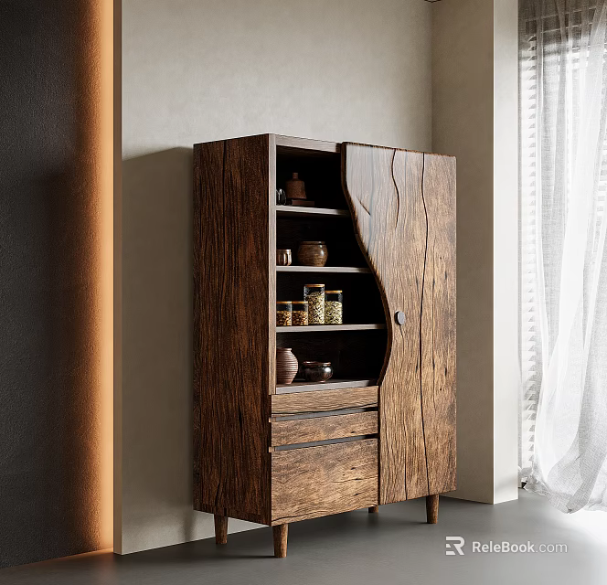 Natural Wooden Storage Cabinet With Shelf Drawers And Jars Pottery In Home Interior 3d model 