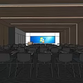 Modern Conference Room Interior With Large Windows Logo Screen And Arranged Tables Chairs