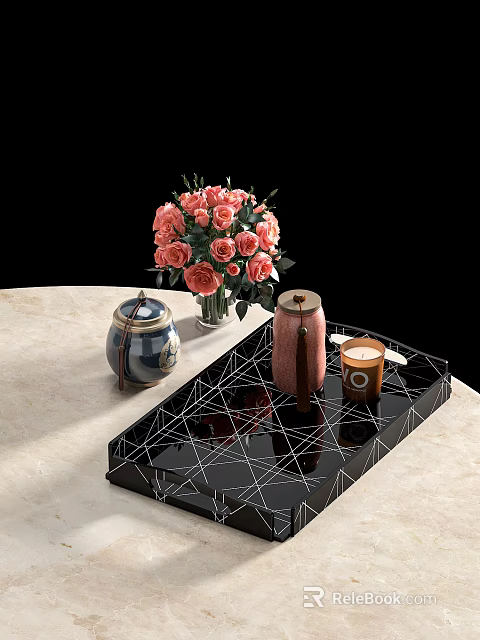 Decorative Household Items With Pink Roses Vase Jars Candle And Black Geometric Tray 3d model 