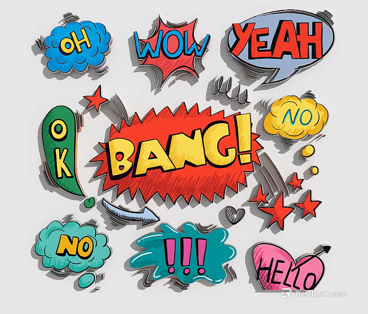 Cartoon Style Wall Decor With Speech Bubbles Stars And Exclamation Marks 3d model