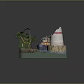 Detailed Miniature Architectural Model With Tower Boat Water Path And Plants