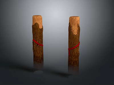Wooden And Stone Decorative Pillars With Natural Wood Grain And Red Ropes Design 3d model
