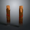 Wooden And Stone Decorative Pillars With Natural Wood Grain And Red Ropes Design