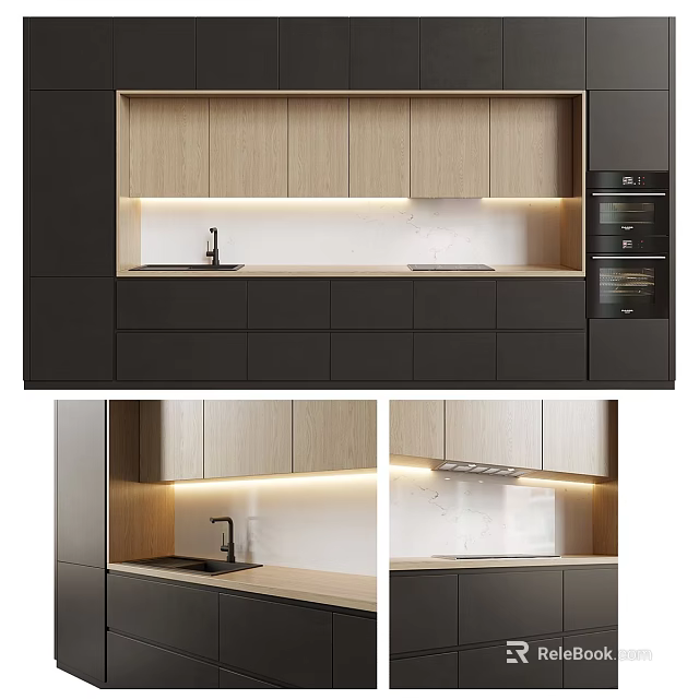 Modern Kitchen Cabinets With Light Wooden And Dark Panels Sink Countertop Oven And Lighting 3d model 