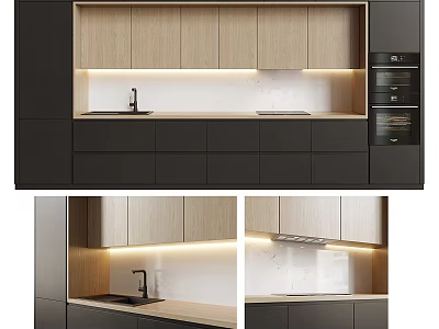 Modern Kitchen Cabinets With Light Wooden And Dark Panels Sink Countertop Oven And Lighting 3d model