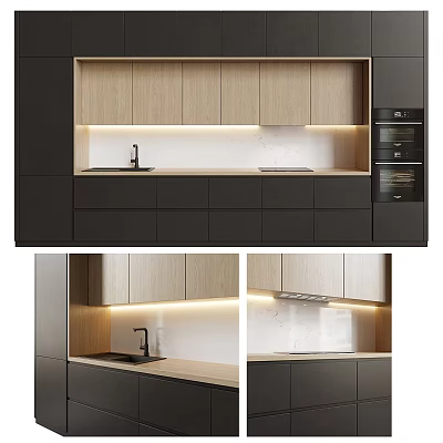 Modern Kitchen Cabinets With Light Wooden And Dark Panels Sink Countertop Oven And Lighting 3d model