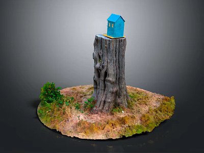 Wooden Stump with Small Blue House Surrounded by Green Plants on Natural Ground 3d model