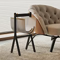 Modern Curved Wooden Side Table With Beige Sofa In Living Room Space