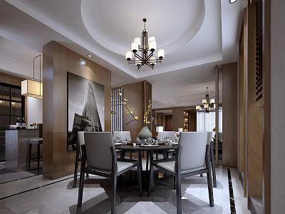 Elegant Restaurant Interior With Round Ceiling Chandelier Wooden Decor Dining Table And Chairs 3d model