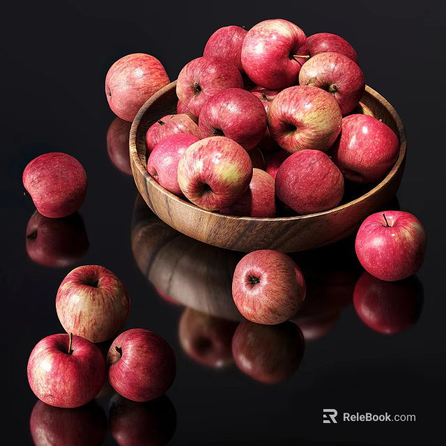 Fresh Red Apples in Wooden Bowl Scattered Around on Black Background with Reflections 3d model 