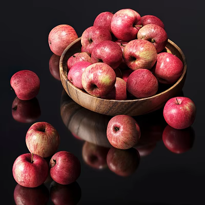 Fresh Red Apples in Wooden Bowl Scattered Around on Black Background with Reflections 3d model