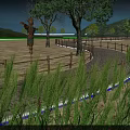 Rural Countryside Landscape with Scarecrow Trees Wooden Fence Tall Grass and Distant Mountains