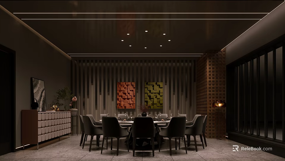 Elegant Private Dining Room Interior With Round Dining Table Chairs And Decorative Artworks 3d model