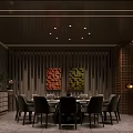 Elegant Private Dining Room Interior With Round Dining Table Chairs And Decorative Artworks 3d model