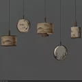 Chinese Ink Painting Pendant Lights With Wooden Frames On Dark Wall