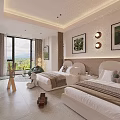 Kids Room Interior Design With Twin Beds Wall Art Scenic Window Soft Lighting And Toys