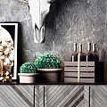 Modern Console Cabinet And Sideboard Design With Herringbone Pattern And Decorative Plants Artwork