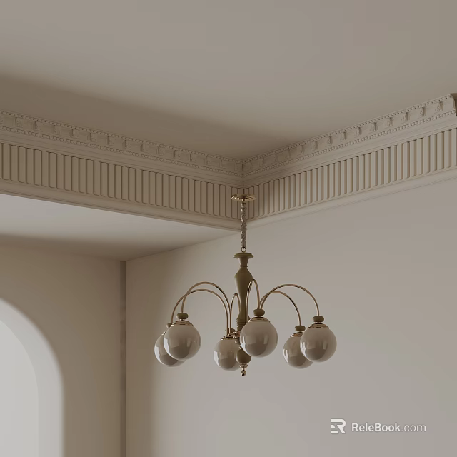 Classic Brass Chandelier With Glass Globe Shades And Decorative Ceiling Molding 3d model 