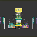 Two Story Exhibition Booth Structure With Yellow Green Design RENO Branding And Flags